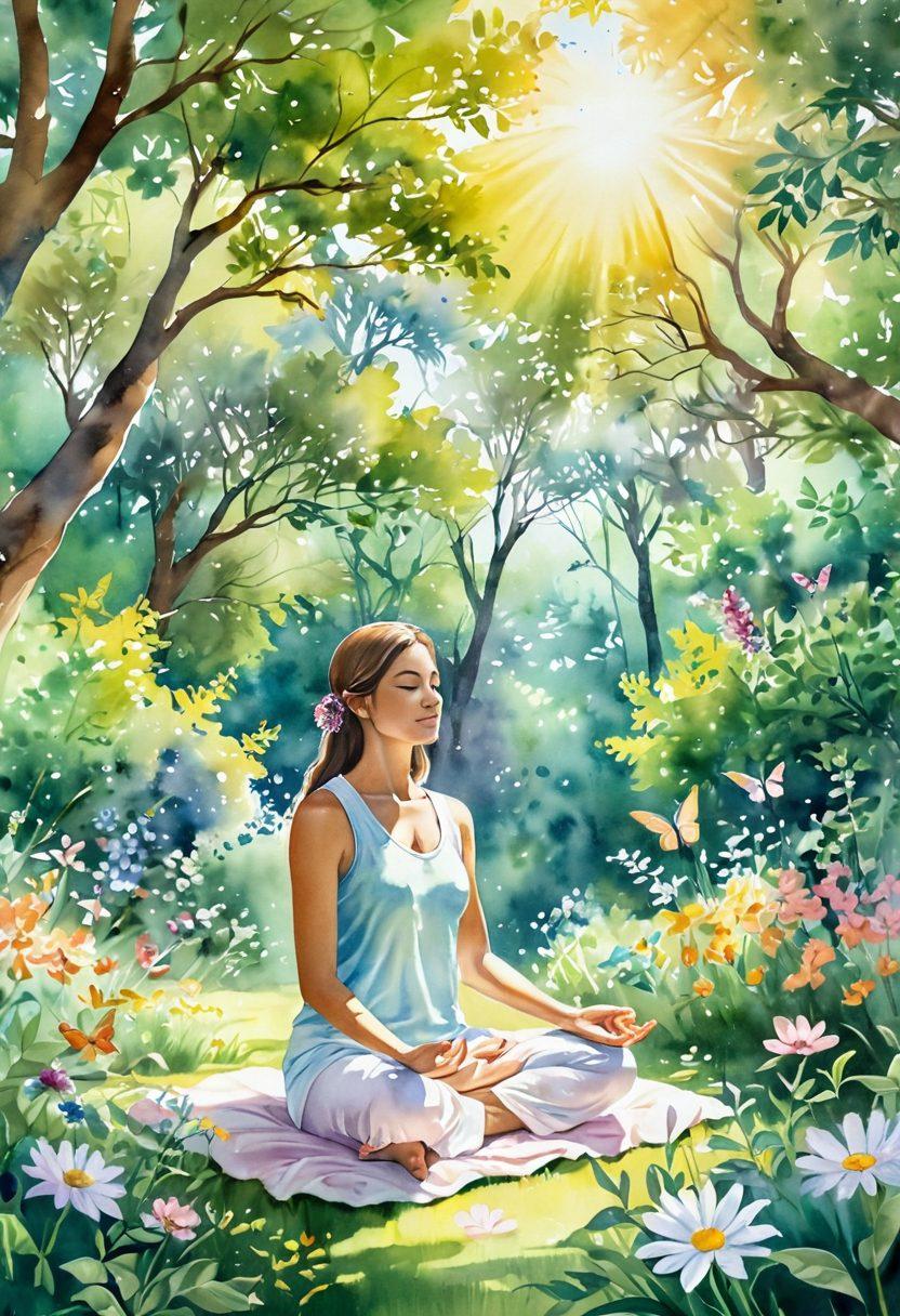 A serene landscape depicting a person meditating under a radiant sun, surrounded by blooming flowers and vibrant greenery, symbolizing peace and joy. Soft pastel colors enhance the uplifting mood, while butterflies flutter around, representing transformation and positivity. Include gentle rays of sunlight breaking through trees, casting playful shadows. watercolor style. vibrant colors. peaceful atmosphere.