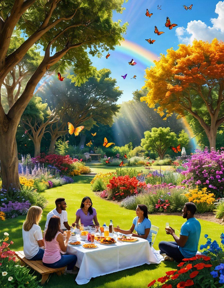 A serene landscape depicting a sunlit garden filled with colorful flowers and cheerful butterflies. A diverse group of people, smiling and engaged in acts of kindness, gather around a picnic, sharing food and laughter. In the background, a rainbow arches over the scene, symbolizing joy and positivity. Add gentle light rays streaming through the trees, creating a warm and inviting atmosphere. vibrant colors. super-realistic.