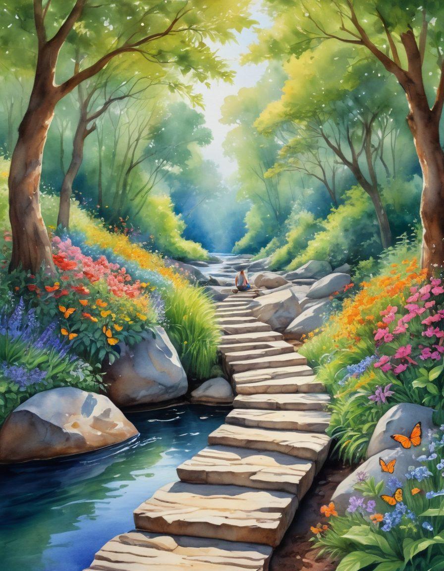 A serene landscape featuring a winding path leading through a lush, enchanting forest filled with vibrant flowers and soft sunlight filtering through the trees. In the foreground, a joyful person is meditating on a rock, surrounded by butterflies and birds symbolizing peace and happiness. The background should capture a tranquil river flowing gently, enhancing the theme of joy and contentment. watercolor painting. vibrant colors.